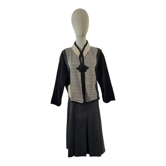 Vintage A La Mode patchwork jacket black cream frog toggle made USA size large - Picture 2 of 15